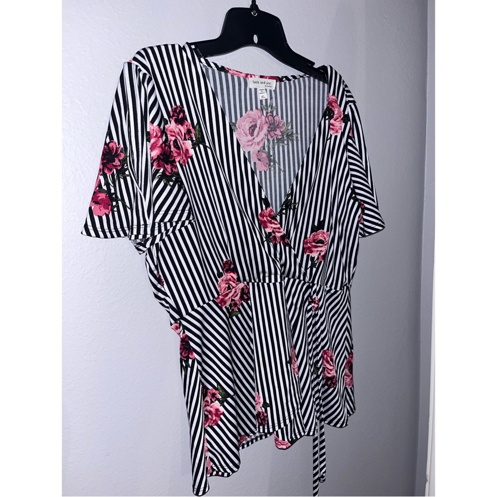 Faith and Joy Black and White Striped Floral Blouse